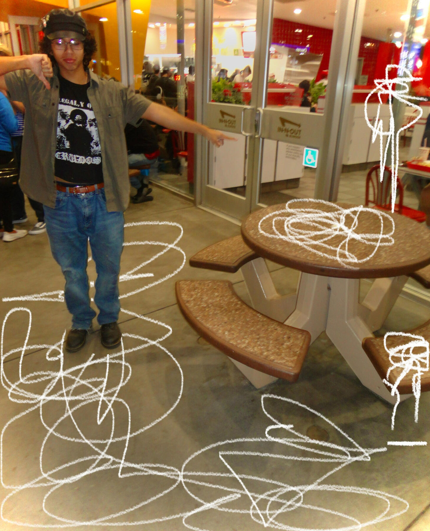 PUKE CITY!! : week 0. me and gang ventured to in-n-out after a party (BAD) and right before I could took a bite of my double double with grilled onion and no tomato.. I heard a SPLAT from the table in across from me. visual recreation above.